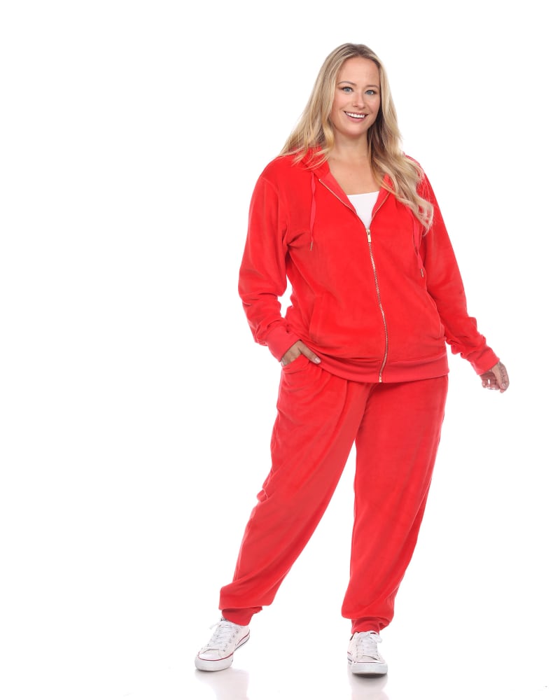 Front of a model wearing a size 2X 2 Piece Velour Track Suit in Red by White Mark. | dia_product_style_image_id:247591